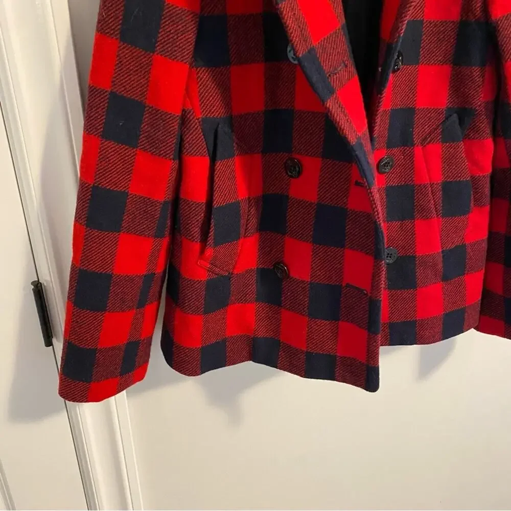 J. Crew Red Navy Blue Buffalo Plaid Wool Coat Jacket Small
